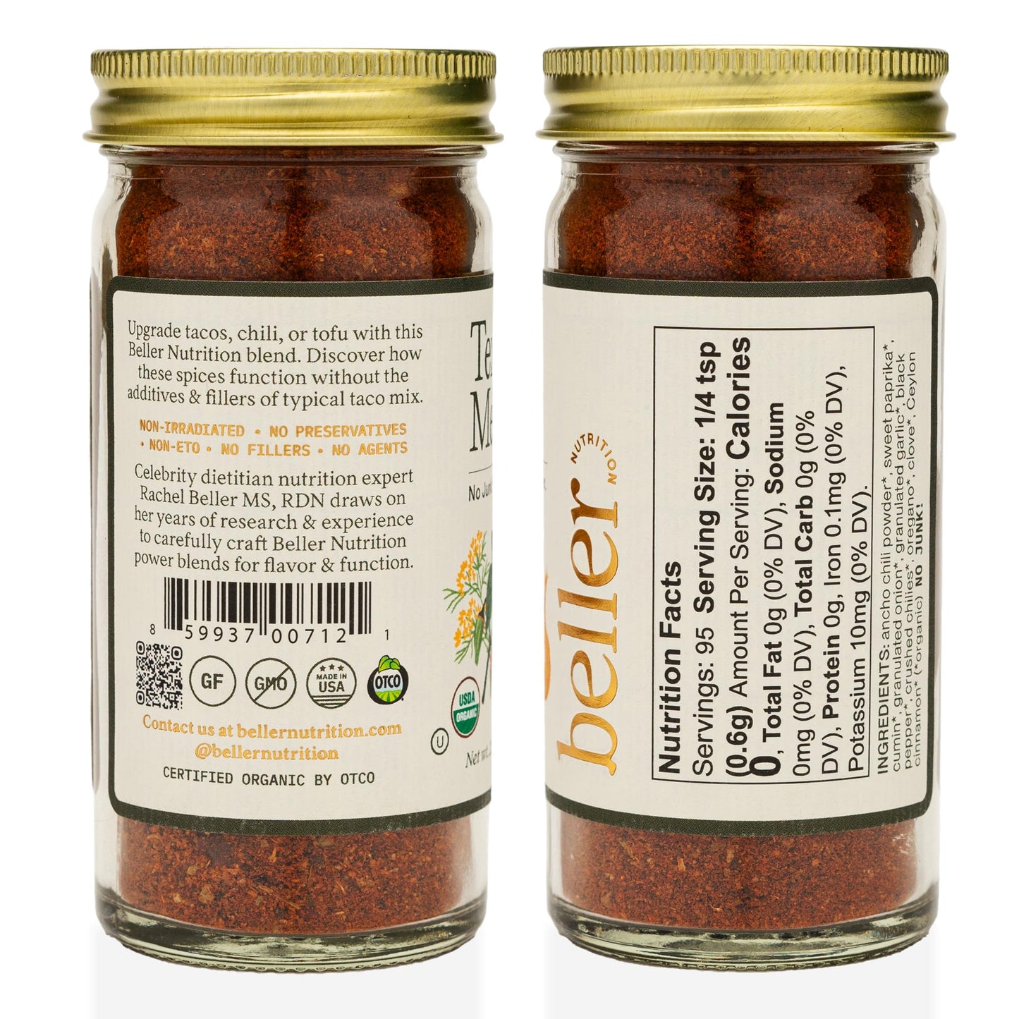 Beller Nutrition Tex Mex Ancho Chili Powder Spice Blend | 2 oz | Taco Seasoning with Paprika, Cumin, Cinnamon