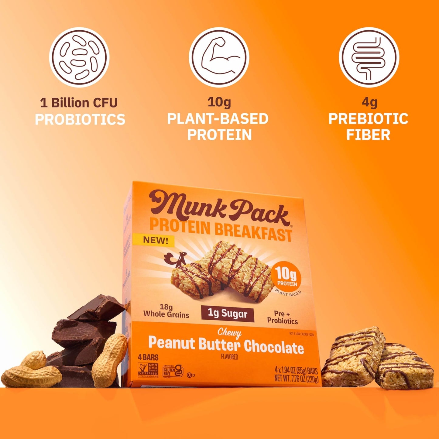 Munk Pack Probiotic Protein Breakfast Bars - 10g Plant Protein  1g Sugar  6g Fiber - For mature-themeds & Kids  Low Sugar Snack  Gluten-Free  Diabetic-Friendly  Non-GMO  Peanut Butter - 12 Pack