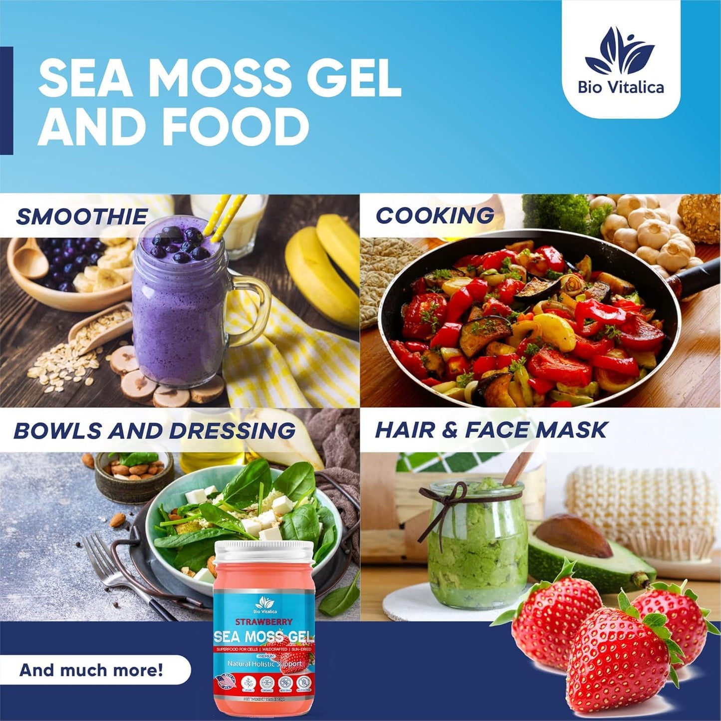 BIO VITALICA Sea Moss Gel - Organic Irish Sea Moss, Vegan Superfood - 12 Ounce (Pack of 2), Strawberry Flavor