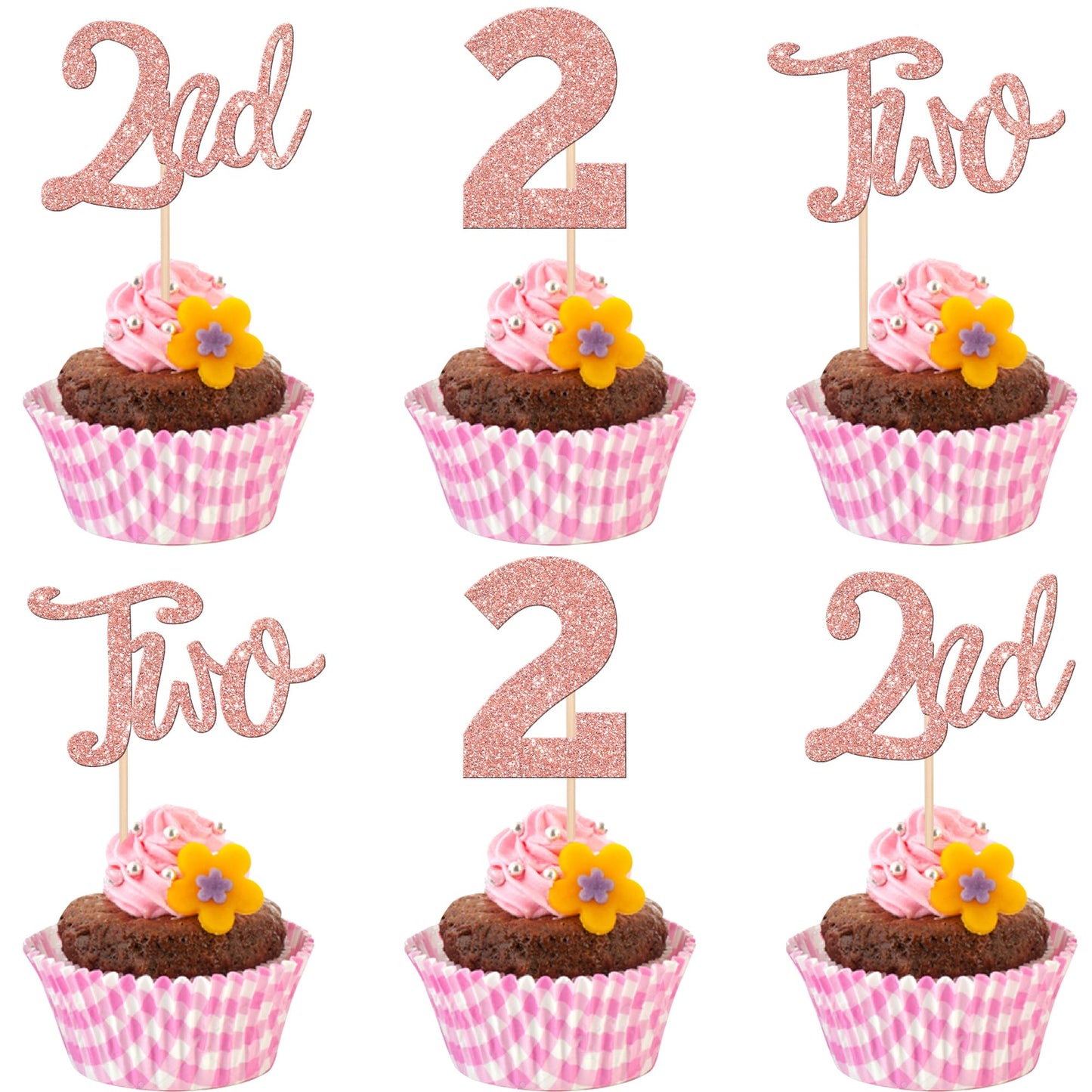 24 PCS 2nd Birthday Cupcake Toppers Glitter Two Cupcake Picks Number 2 Second Birthday Cupcake Decorations for Baby Shower Kids 