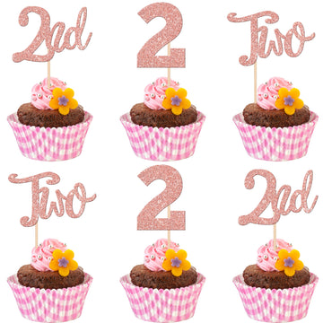 24 PCS 2nd Birthday Cupcake Toppers Glitter Two Cupcake Picks Number 2 Second Birthday Cupcake Decorations for Baby Shower Kids 