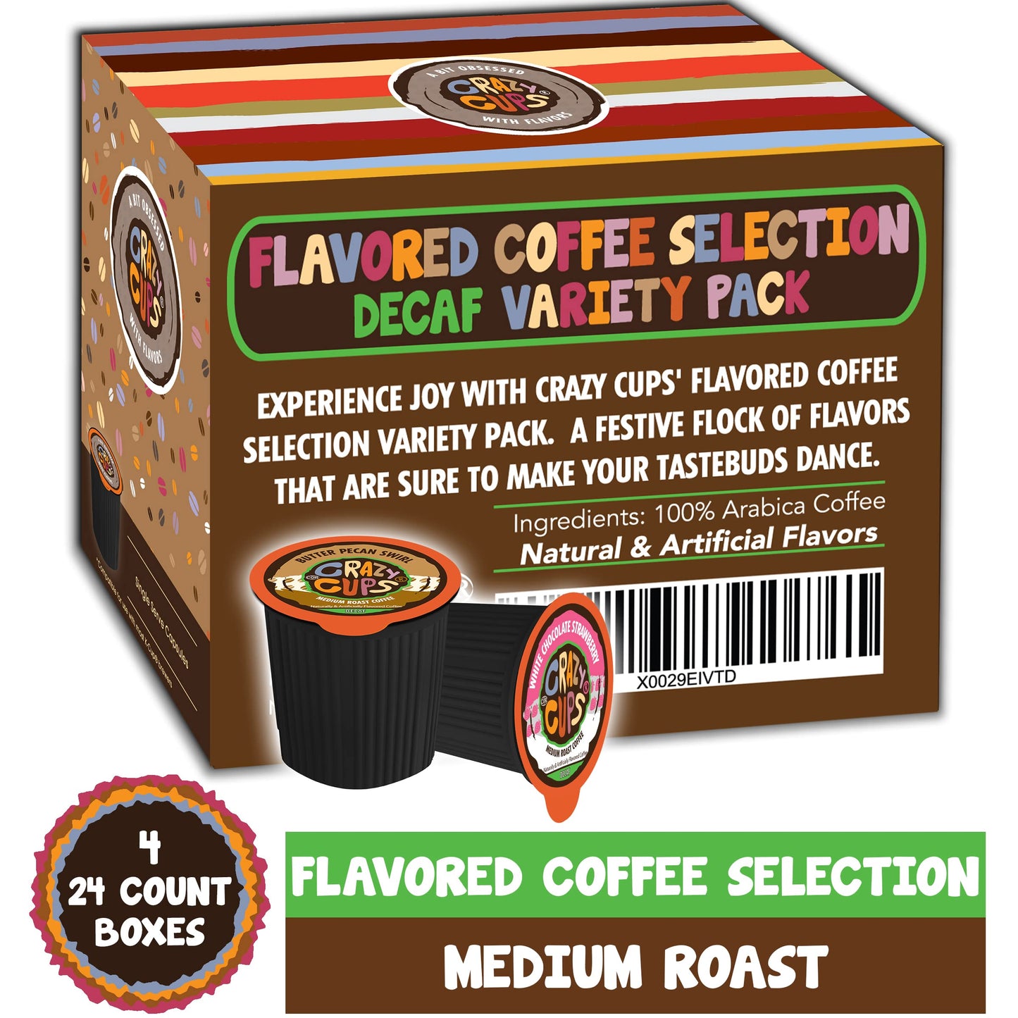 Crazy Cups Flavored Decaf Coffee Variety Pack, 96 Recyclable Pods, Hot or Iced, 6 Count (Pack of 4)