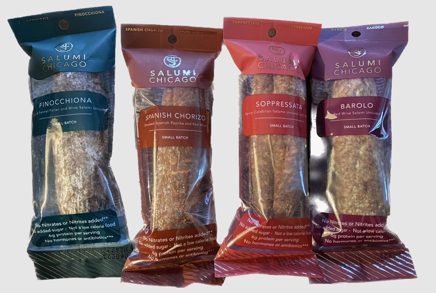 Salumi Chicago Artisan Salami Variety - Uncured, Gluten Free, Keto Snack - 4 x 5.3 oz. Soppressata, Finocchiona, Chorizo