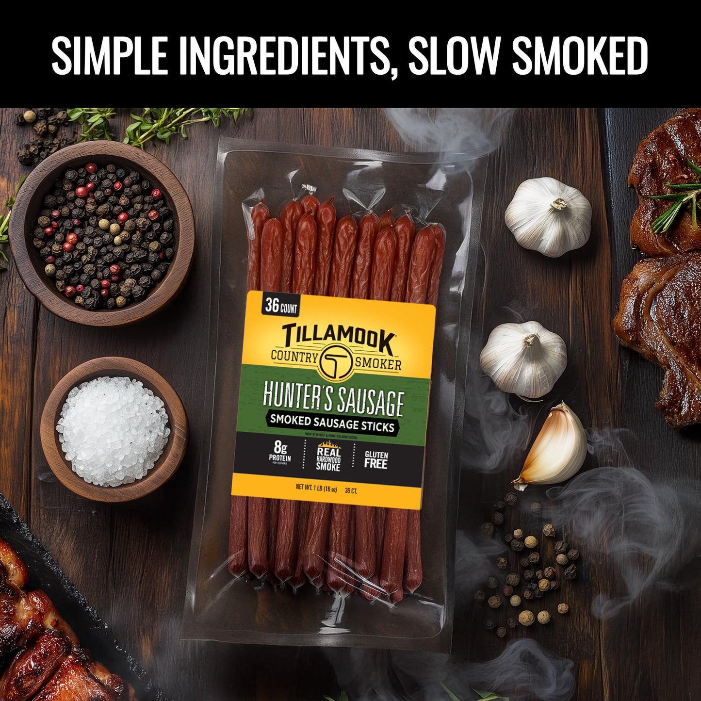 TILLAMOOK COUNTRY SMOKER Hunters Sausage Smoked Sticks, 16 Ounce, Low Carb, High Protein, Bulk Pack (36 Count)