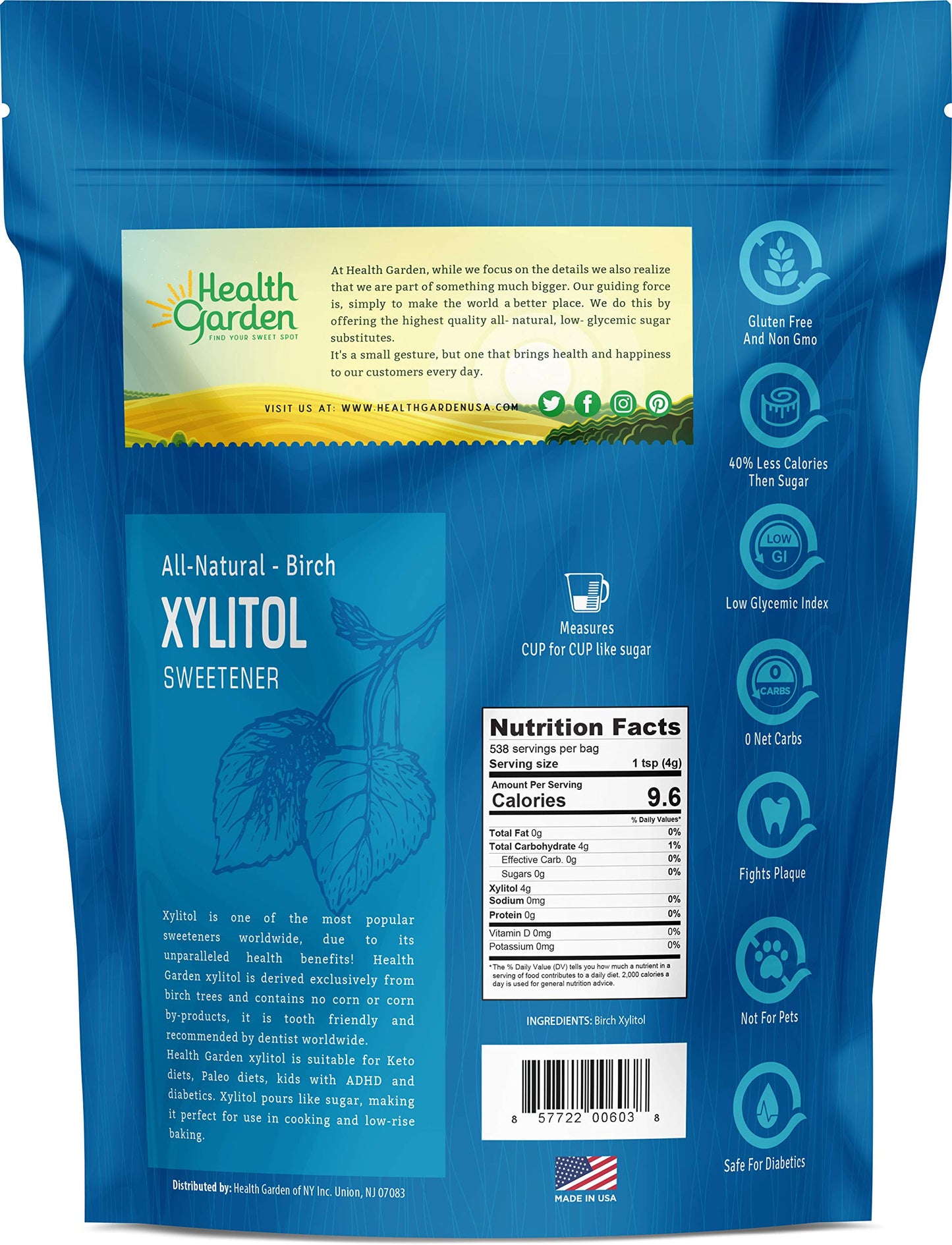 HEALTH GARDEN Birch Xylitol Sweetener - Non-GMO, Keto-Friendly - 4.75 LB
