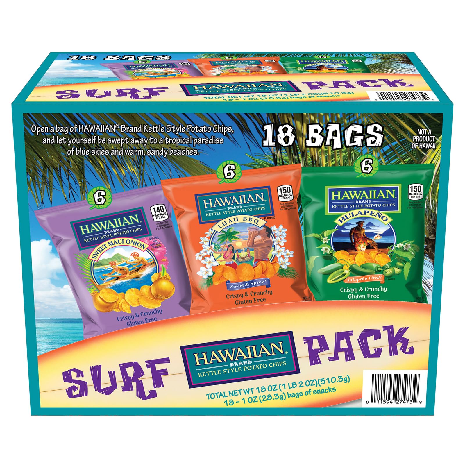 Hawaiian Brand Kettle Style Potato Chips Surf Pack, 18 Single-Serve Bags (1 oz Each) - Includes Sweet Maui Onion, Luau BBQ, and 