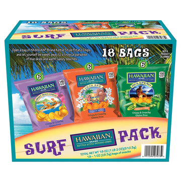 Hawaiian Brand Kettle Style Potato Chips Surf Pack, 18 Single-Serve Bags (1 oz Each) - Includes Sweet Maui Onion, Luau BBQ, and 