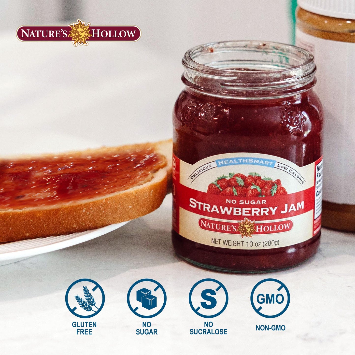 Natures Hollow Strawberry Jam, Sugar Free, Vegan, Gluten Free, 10oz Pack of 6