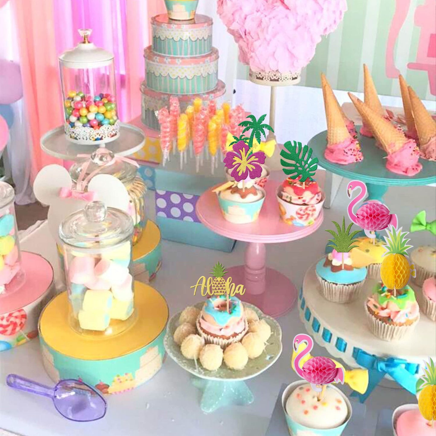 28 Pcs Tropical Cupcake Toppers Glitter Leaf Pineapple Flower Palm Tree Flamingo Cupcake Picks Aloha Cake Decorations For Summer