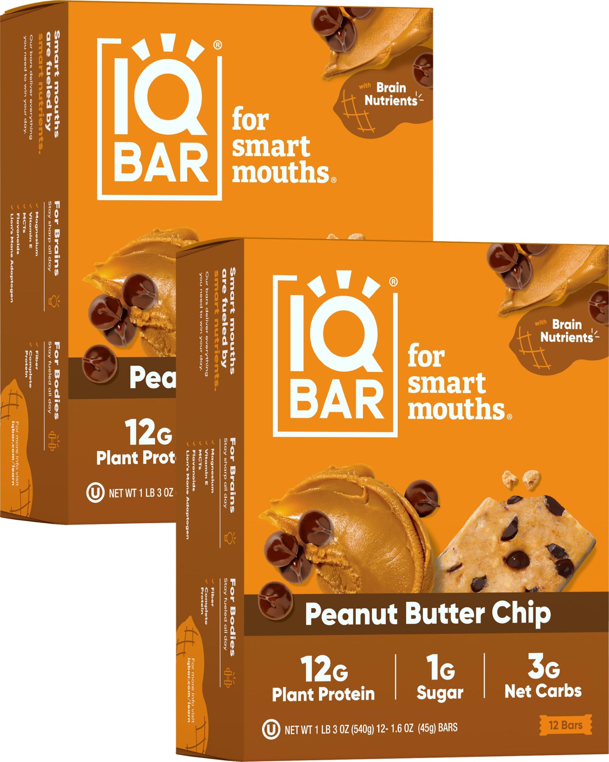IQBAR Plant Protein Bars - Peanut Butter Chip - 24 Count - Gluten Free, Vegan, Low Sugar, High Fiber Snacks