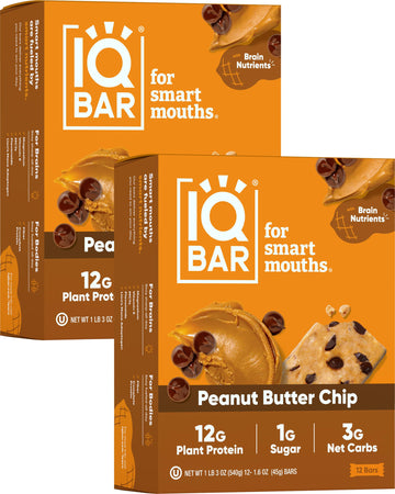 IQBAR Plant Protein Bars - Peanut Butter Chip - 24 Count - Gluten Free, Vegan, Low Sugar, High Fiber Snacks