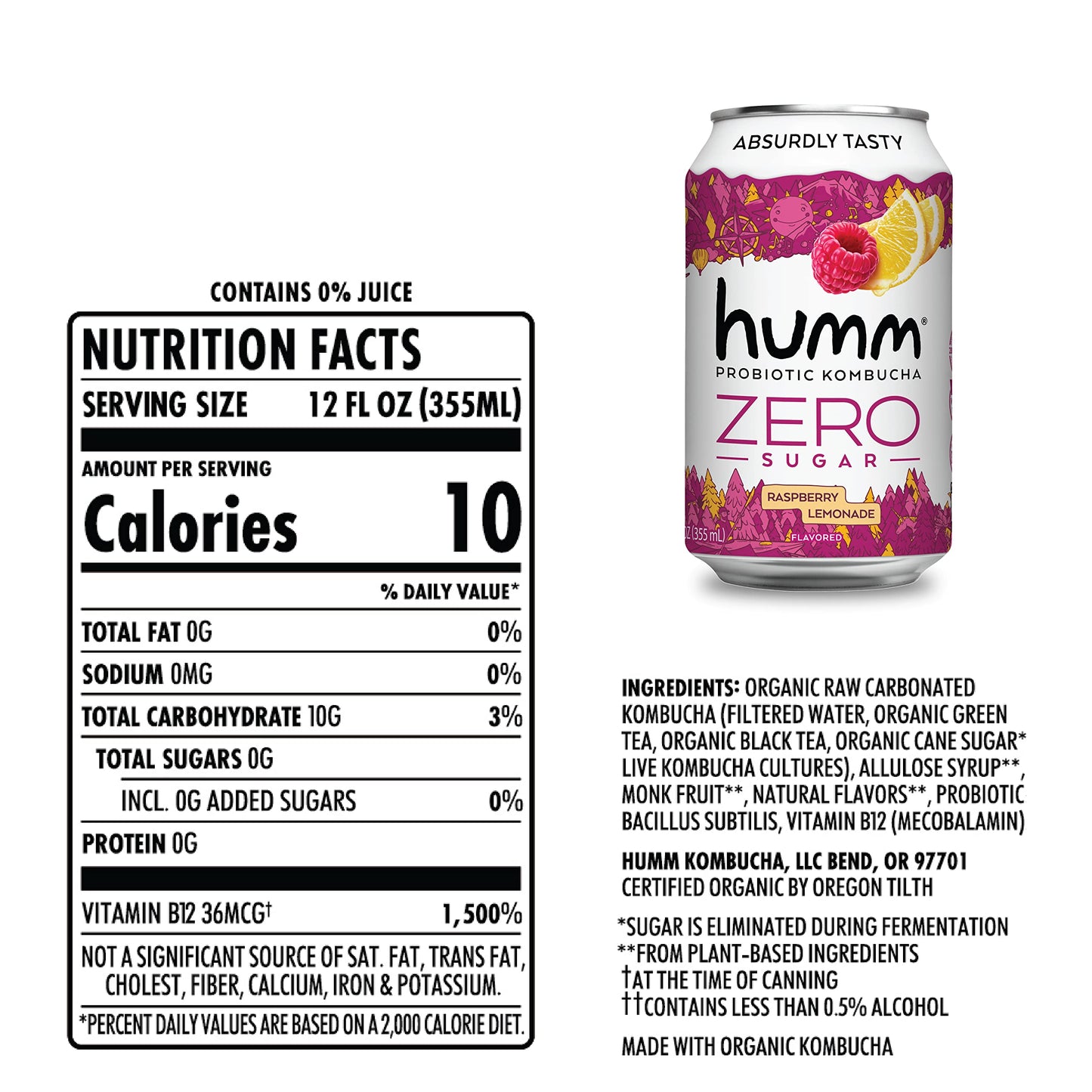 Humm Probiotic Kombucha Zero Sugar Raspberry Lemonade - No Refrigeration Needed, Keto-Friendly, Organic, Vegan, Gluten-Free - 12