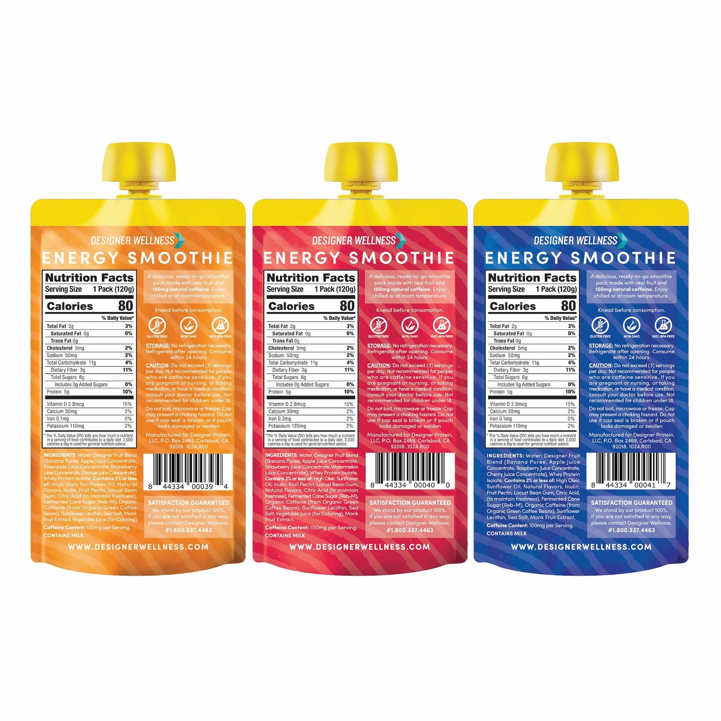 Designer Wellness Energy Smoothie  Real Fruit  100mg Natural Caffeine  5g Protein  Low Carb  Zero Added Sugar  Gluten-Free  Variety Pack  12 Count