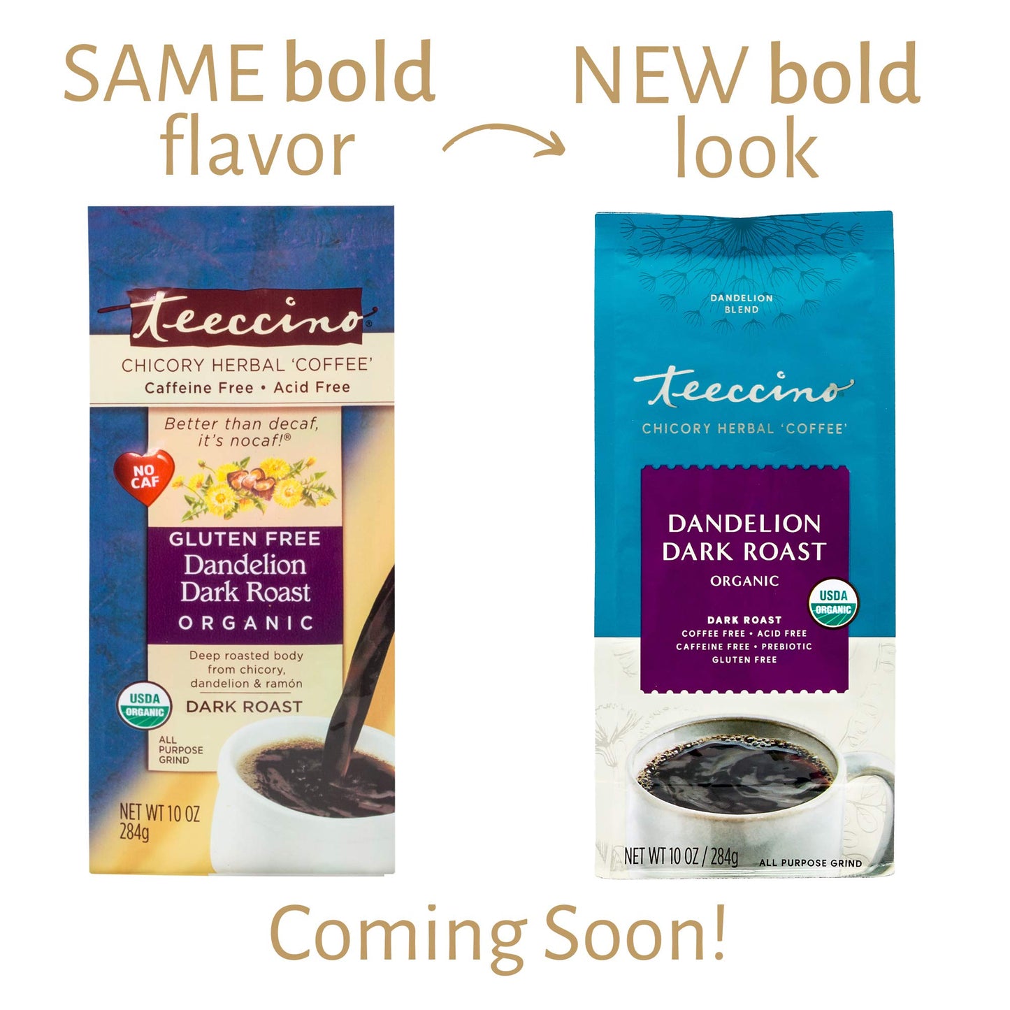 Teeccino Dandelion Dark Roast Herbal Coffee - Caffeine-Free, Organic, Gluten Free - 10 oz (Pack of 3)