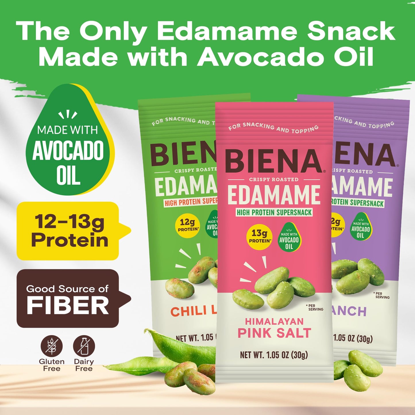 Biena Crispy Roasted Edamame Beans Snack - High Protein Low Carb Snack for Adults & Kids, 12g-13g Protein per Serving - Made w/A