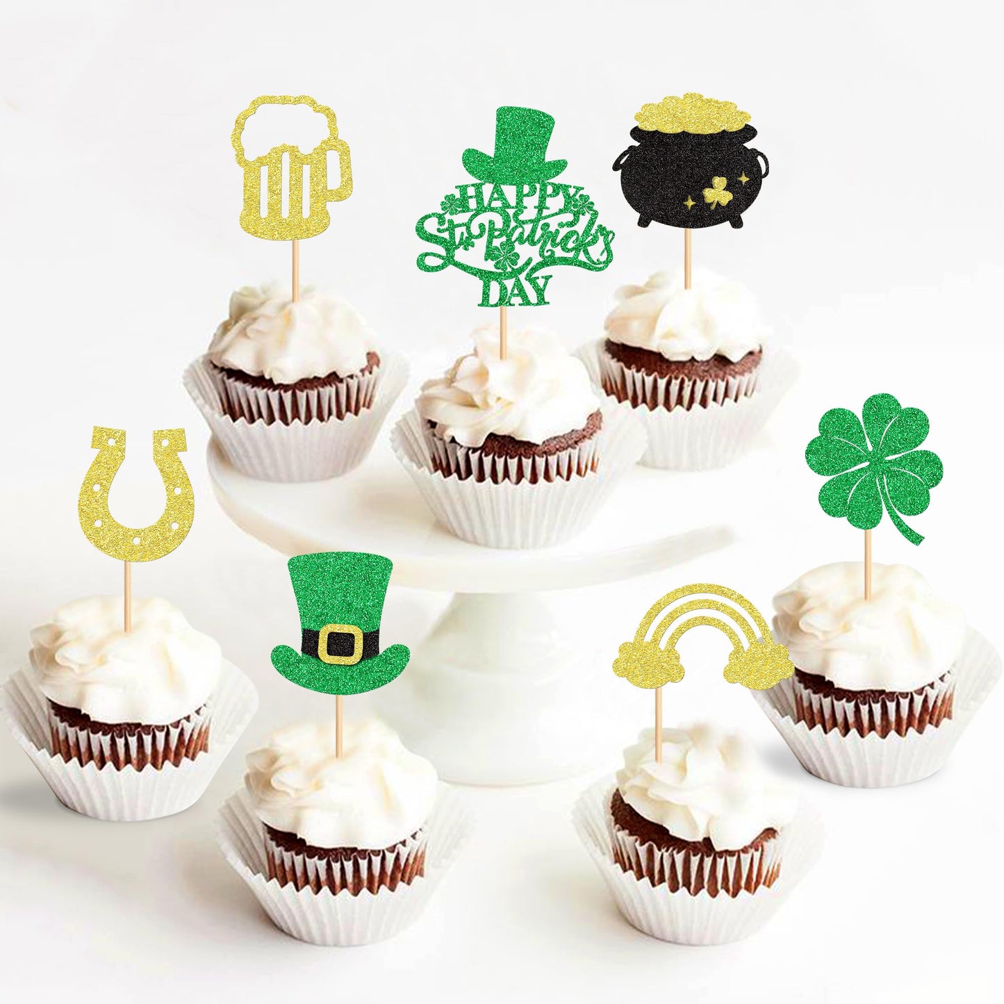 Ercadio St. Patricks Day Cupcake Toppers, Glitter Shamrock Picks, Green Hat Design, 24 Pack, Paper