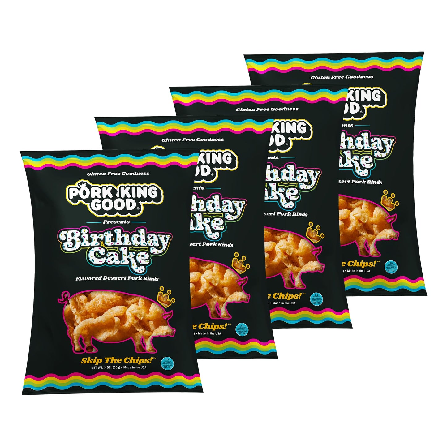 Pork King Good Birthday Cake 3 oz Dessert Flavored Pork Rinds - (4 Pack) Sweet and Salty, Gluten Free Snacks