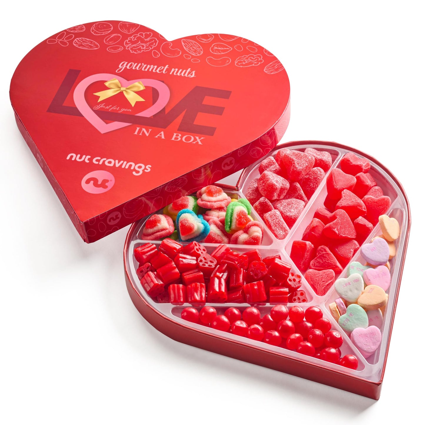 NUT CRAVINGS - Valentines Day Mixed Candy Heart Shaped Gift Basket, Love in A Box (6 Assortments) Romantic Food Arrangement, Hea