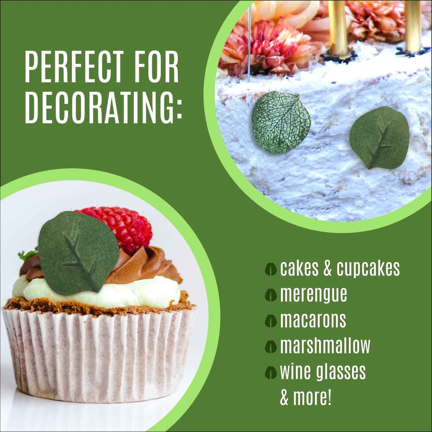 Sugar Robot Edible Eucalyptus Leaves, Dark Green, 2x2 inches, Set of 24, Premium Crafted, Made in the USA