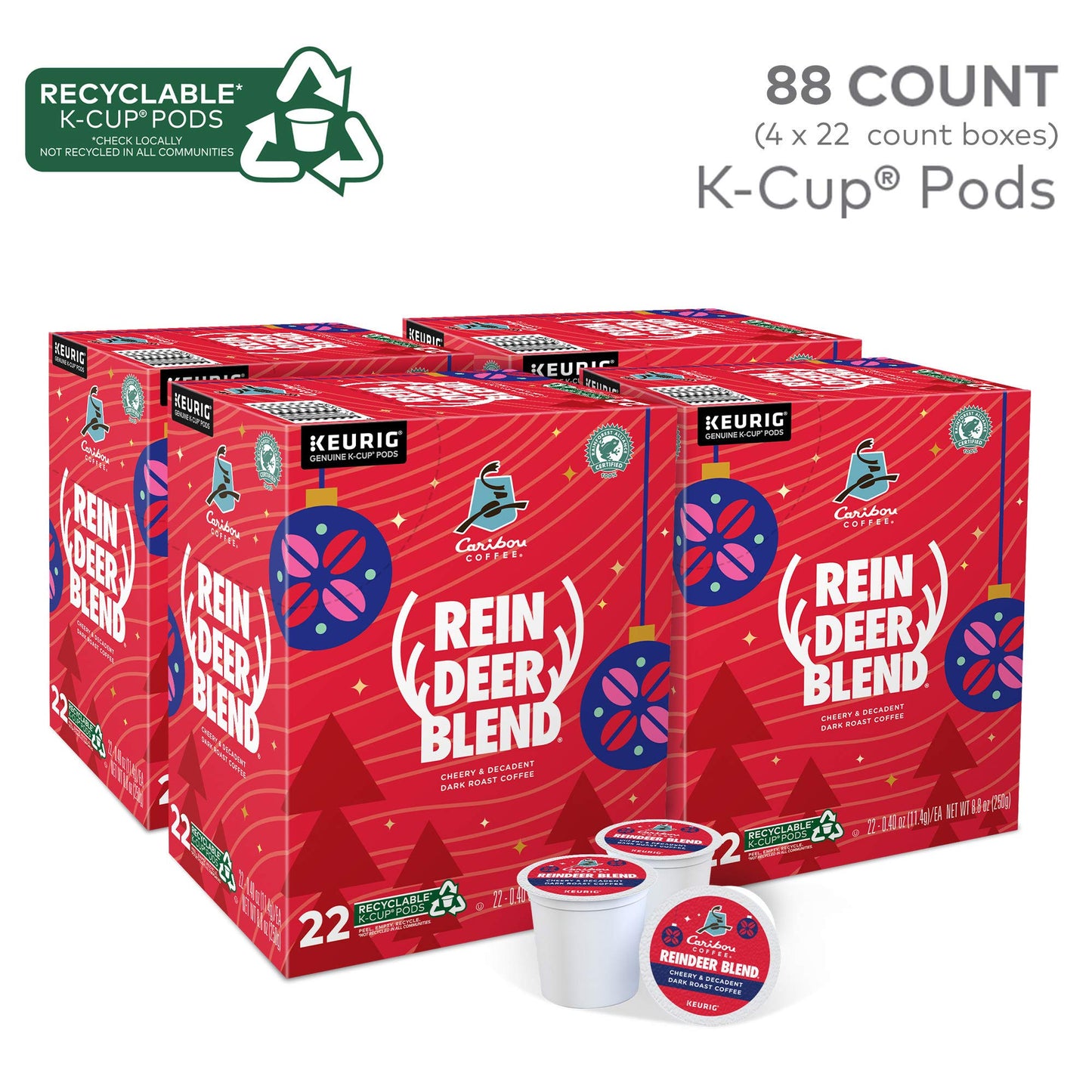 Caribou Coffee Reindeer Blend, Single-Serve Keurig K-Cup Pods, Dark Roast Coffee Pods, 88 Count
