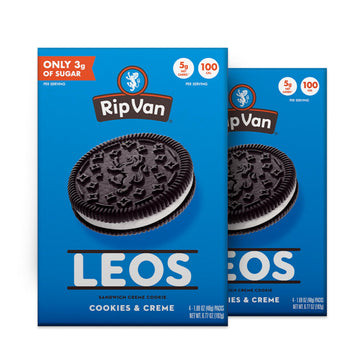 Rip Van Leos - Cookies And Cream Sandwich Cookies - Low Sugar & Low Carb Snack - Diabetic & Vegan Snacks - 32 Cookies (2 X 6.77Oz Packs)