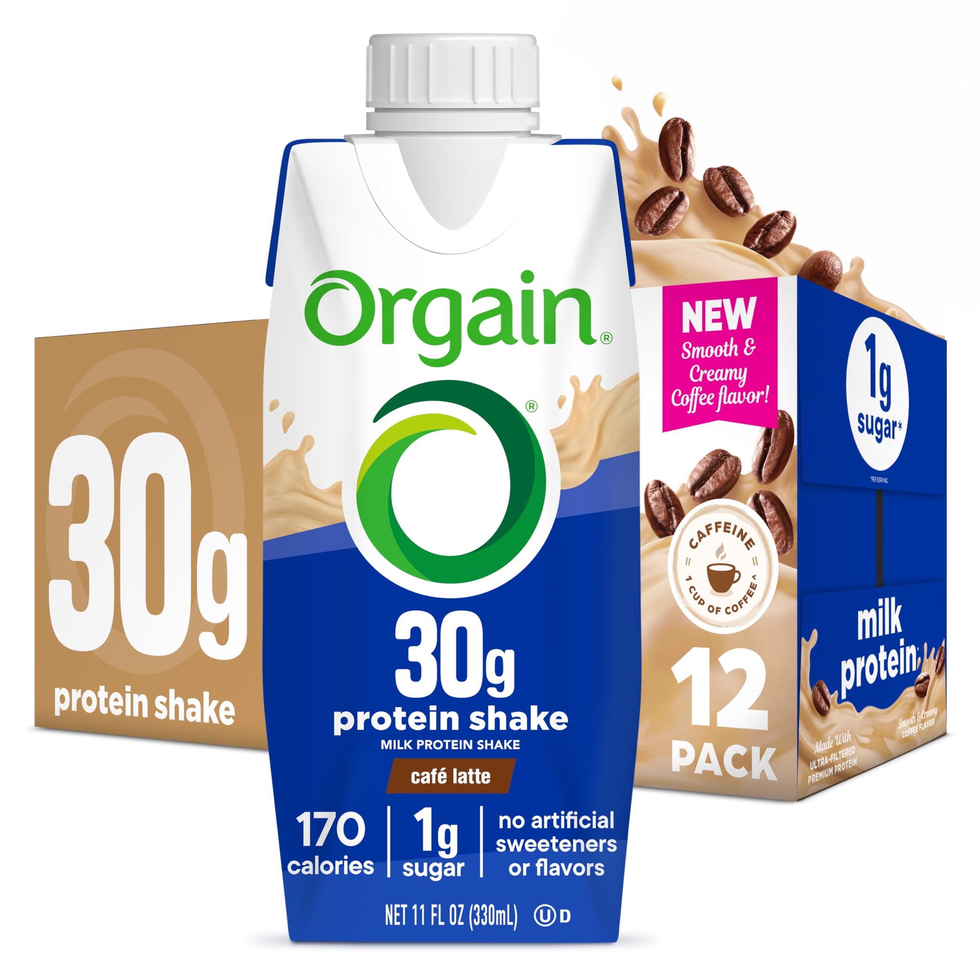 Orgain 30g High Protein Shake  Caf? Latte  5g BCAAs  1g Sugar Per Serving  Caffeine from 1 Cup of Coffee  Milk Isolate  Meal Replacement  Ready to Drink  Keto Friendly  Gluten-Free 11 Fl Oz (12 Pack)