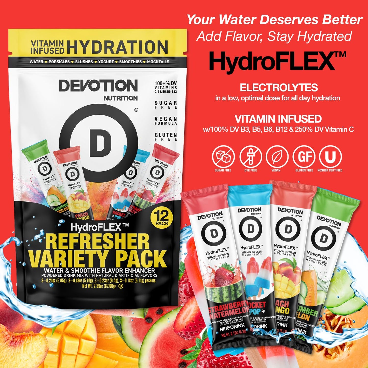 Devotion Nutrition HydroFLEX Sugar-Free Drink Mix Pack – 12-Pack, 4 Flavors, Gluten-Free, Dye-Free, 2.39 Ounce