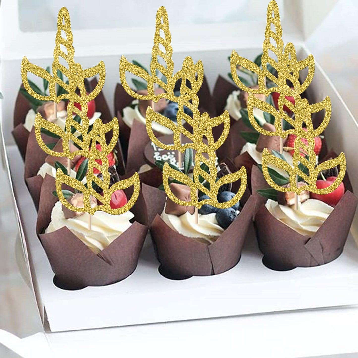 Rssta i Unicorn Horn Cupcake Toppers, 24 Pack, Glitter Paper Decorations for Baby Shower & Kids Birthday Party, Design 3 Gold