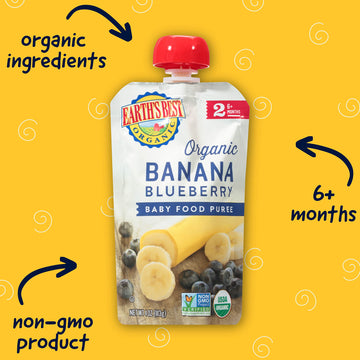 Earth'S Best Organic Baby Food Pouches, Stage 2 Fruit Puree For Babies 6 Months And Older, Organic Banana And Blueberry Puree, 4