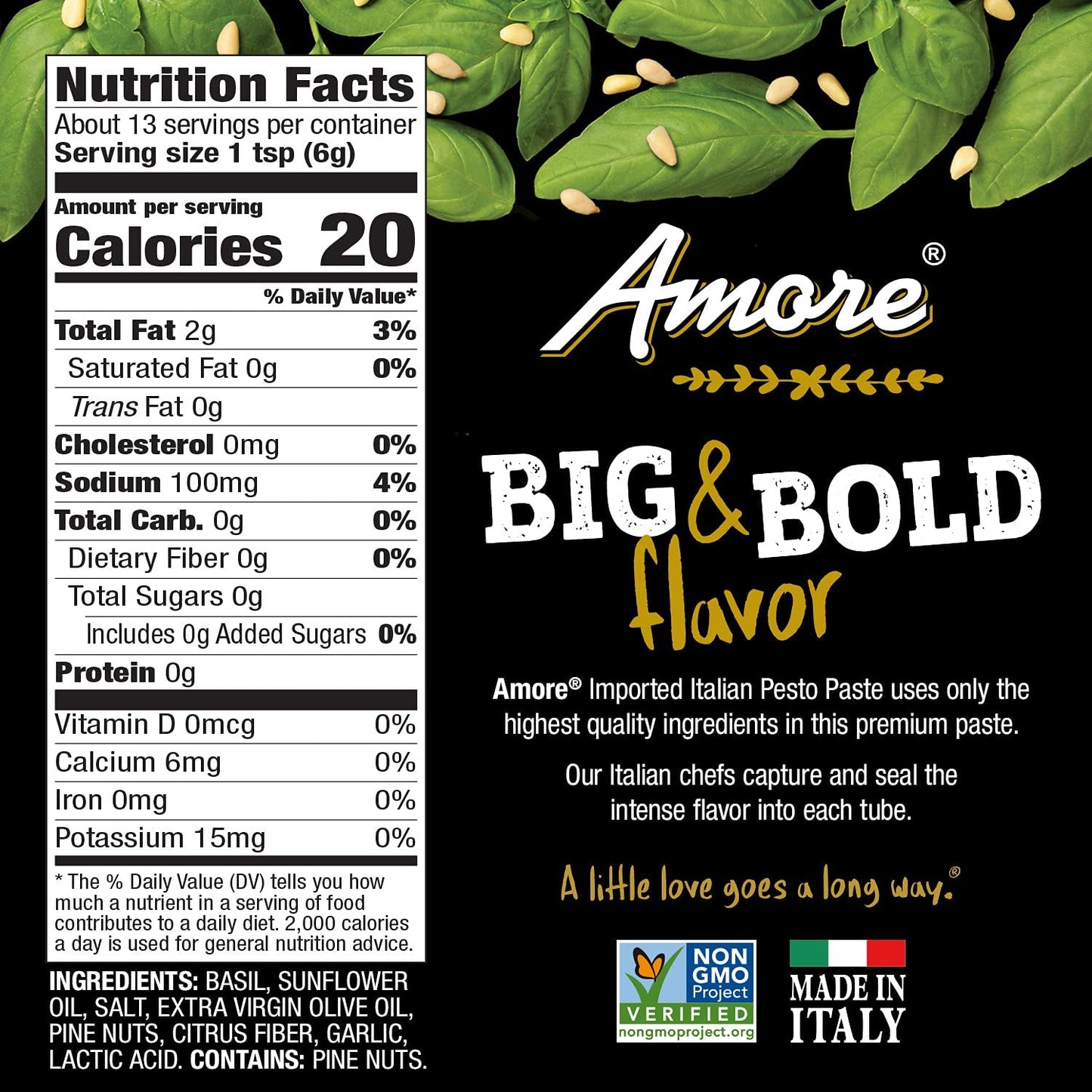 Amore Vegan Pesto Paste In A Tube - Non Gmo Certified And Made In Italy (Pack Of 1)