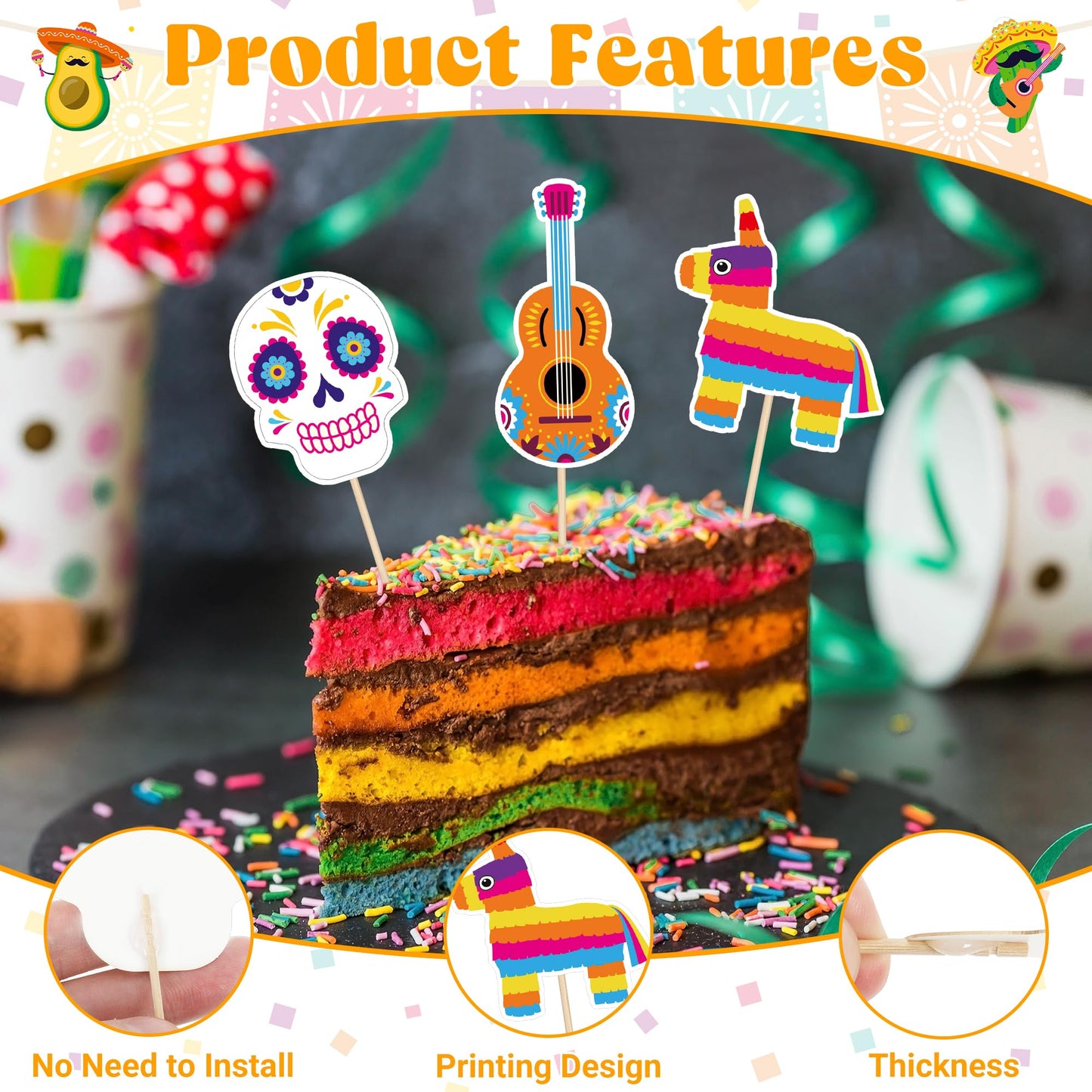 QZYL 24 PCS Cinco De Mayo Decorations, Fiesta Cake Toppers, Paperboard, Multi-Style, LK-MAY-caketopper-24, Flesta