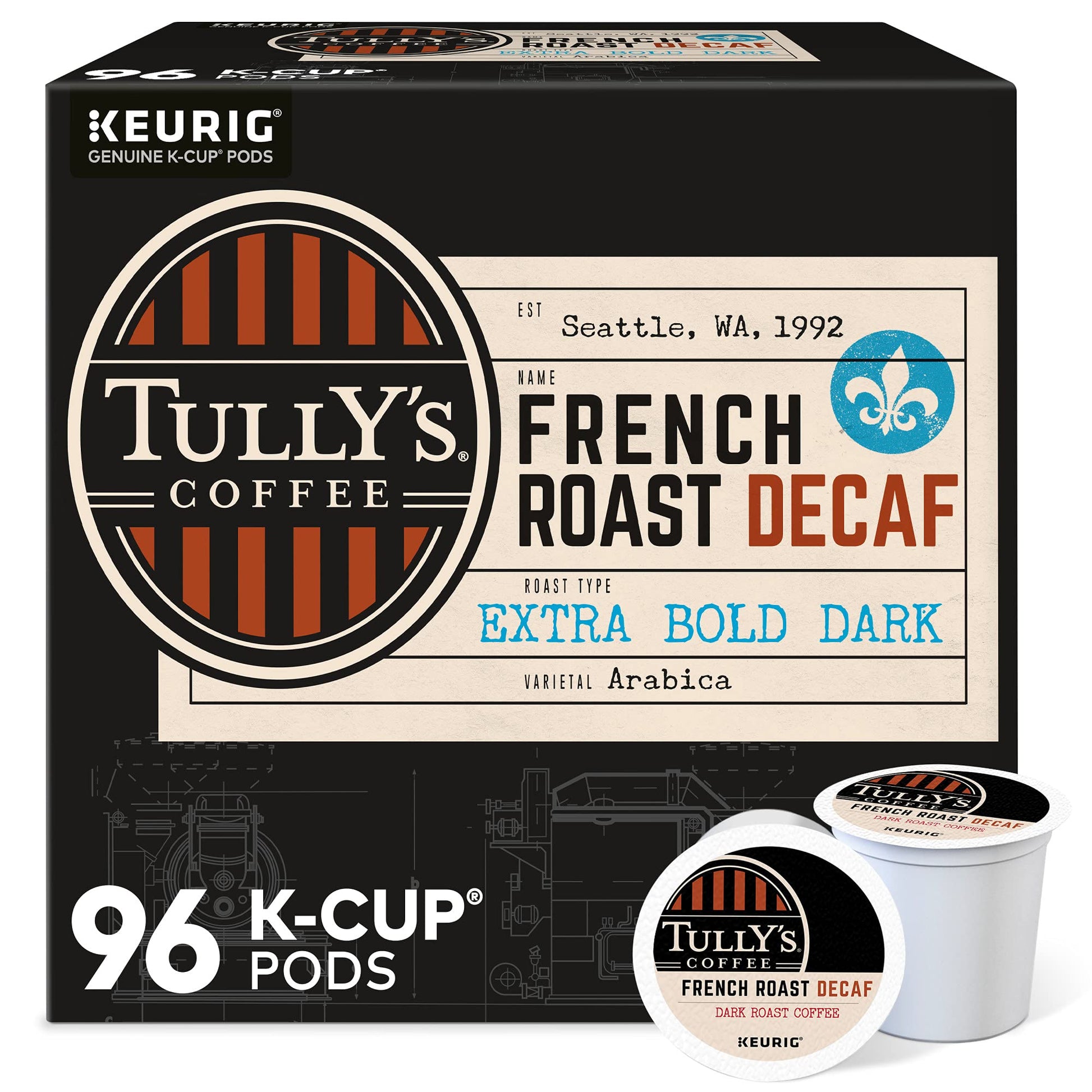 TULLYS Coffee French Roast Decaf K-Cup Pods, Dark Roast, 96 Count