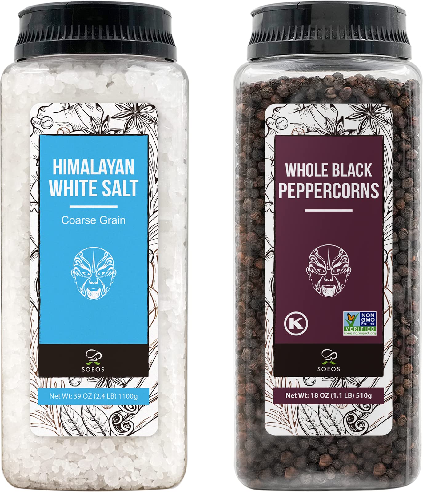 Soeos Himalayan Sea Salt, 39 oz (2.4 lb) + Whole Black Peppercorns, 18oz (1.1 lb) White Himalayan Salt Coarse Grain, Whole Black