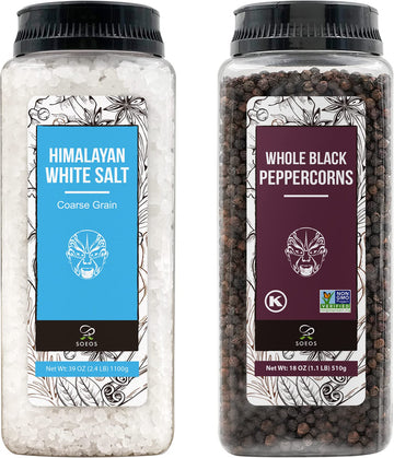 Soeos Himalayan Sea Salt, 39 oz (2.4 lb) + Whole Black Peppercorns, 18oz (1.1 lb) White Himalayan Salt Coarse Grain, Whole Black