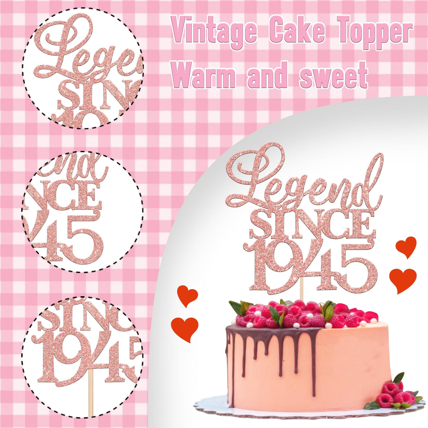 Rssta i Cake Topper, Glitter Legend Since 1945, 80th Birthday, Rose Gold, Model XM310, Paper Material