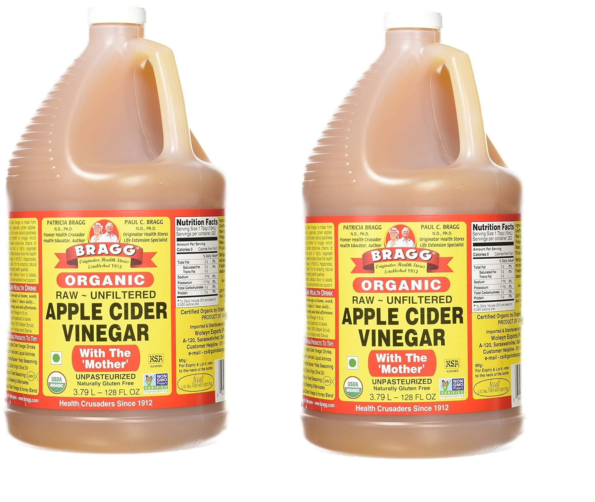 Bragg Organic Apple Cider Vinegar, Raw & Unfiltered, 128 Fl Oz - 2 Bottles