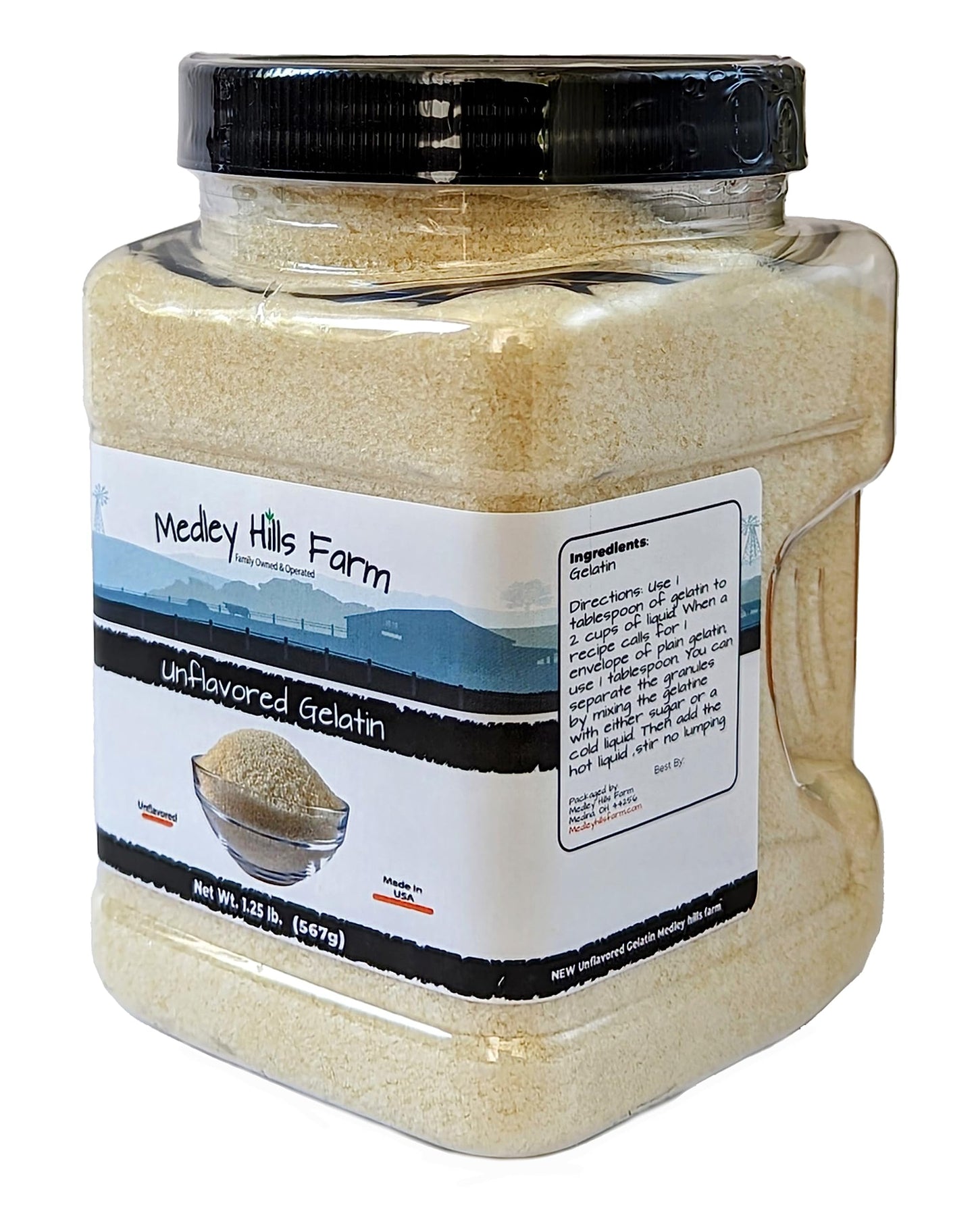 Unflavored Gelatin By Medley Hills Farm 1.25 Lbs. In Reusable Container - Gelatin Powder Unflavored Thickening Agent. Made In Usa.