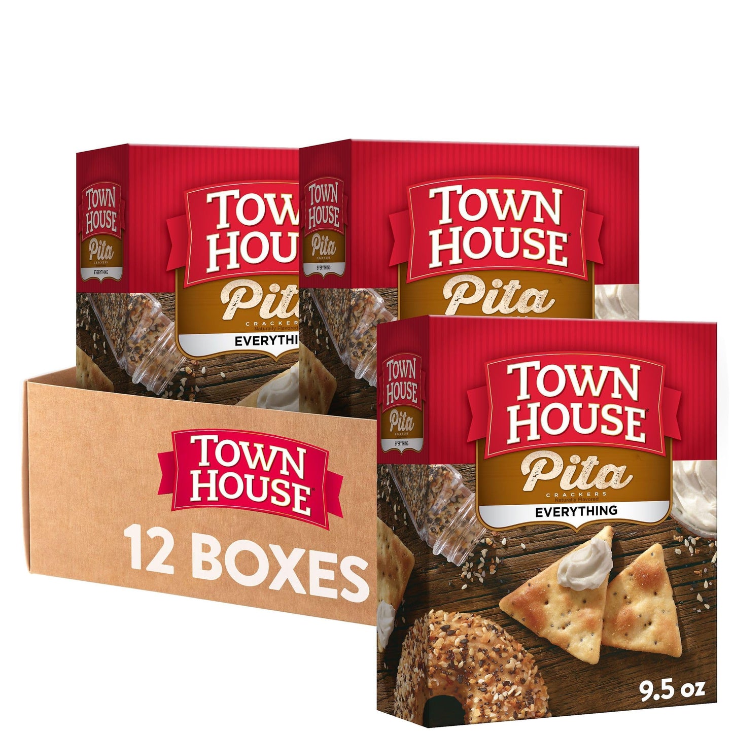 Town House Pita Oven Baked Crackers, Everything Flavor, 9.5 Ounce (Pack of 12)