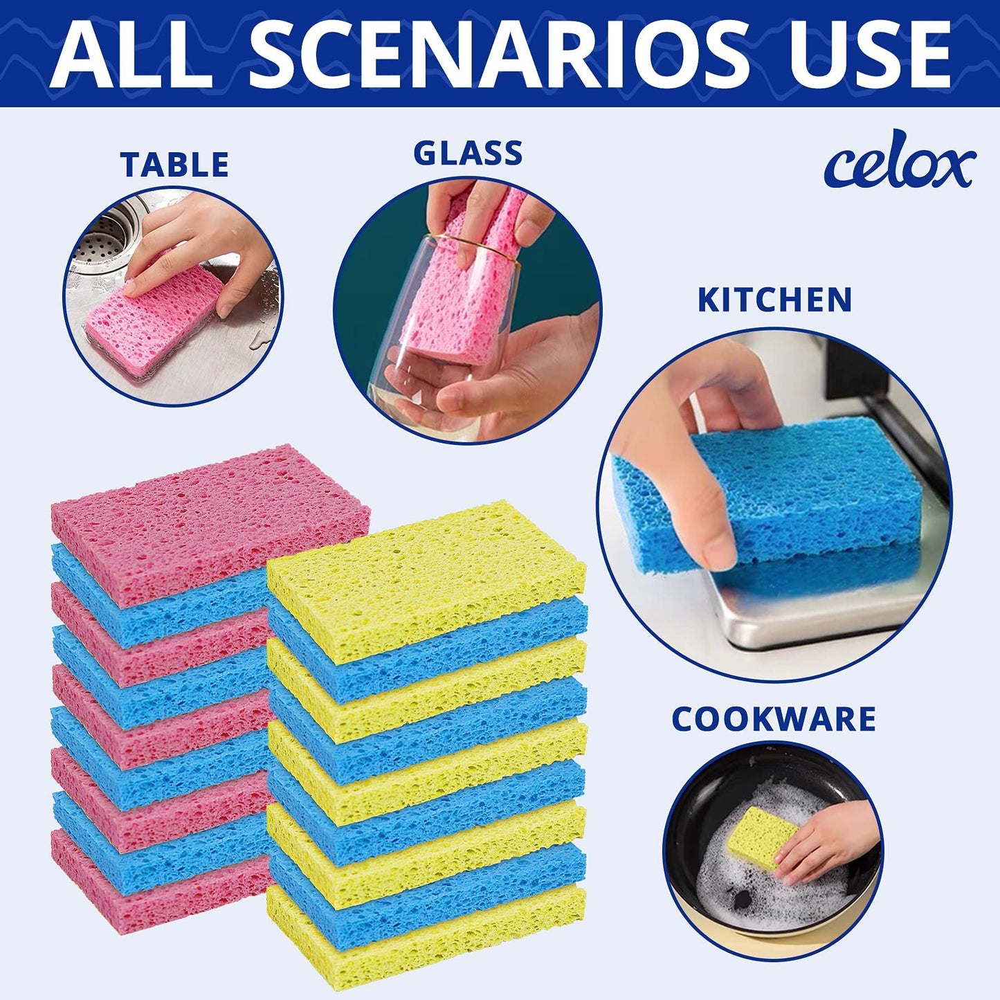 Celox 36 Pack Sponges Kitchen, Durable Natural Sponges For Dishes, Absorbent Cellulose Sponges Bulk For Cleaning Kitchen, Bathro