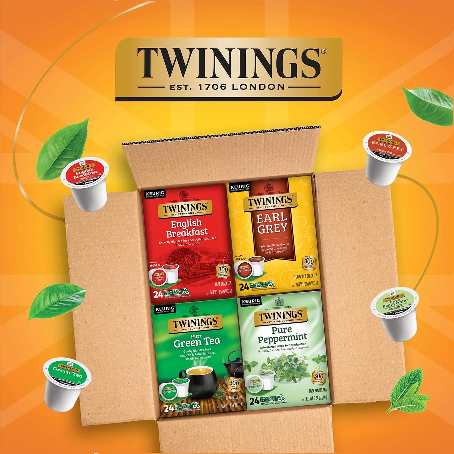 Twinings K-Cup Pods Sampler, English Breakfast, Earl Grey, Green, Pure Peppermint Tea, 24 Count (Pack of 4) for Keurig malt-inspired