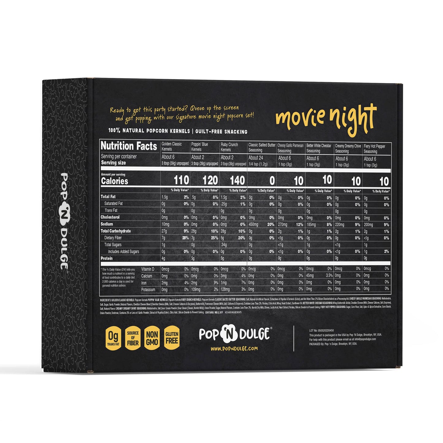 Pop n  Dulge Popcorn Movie Night Supplies 16 pcs Gift Set, 5 Gourmet Popcorn Kernels, 5 Seasoning Variety Packs Non-GMO Kosher