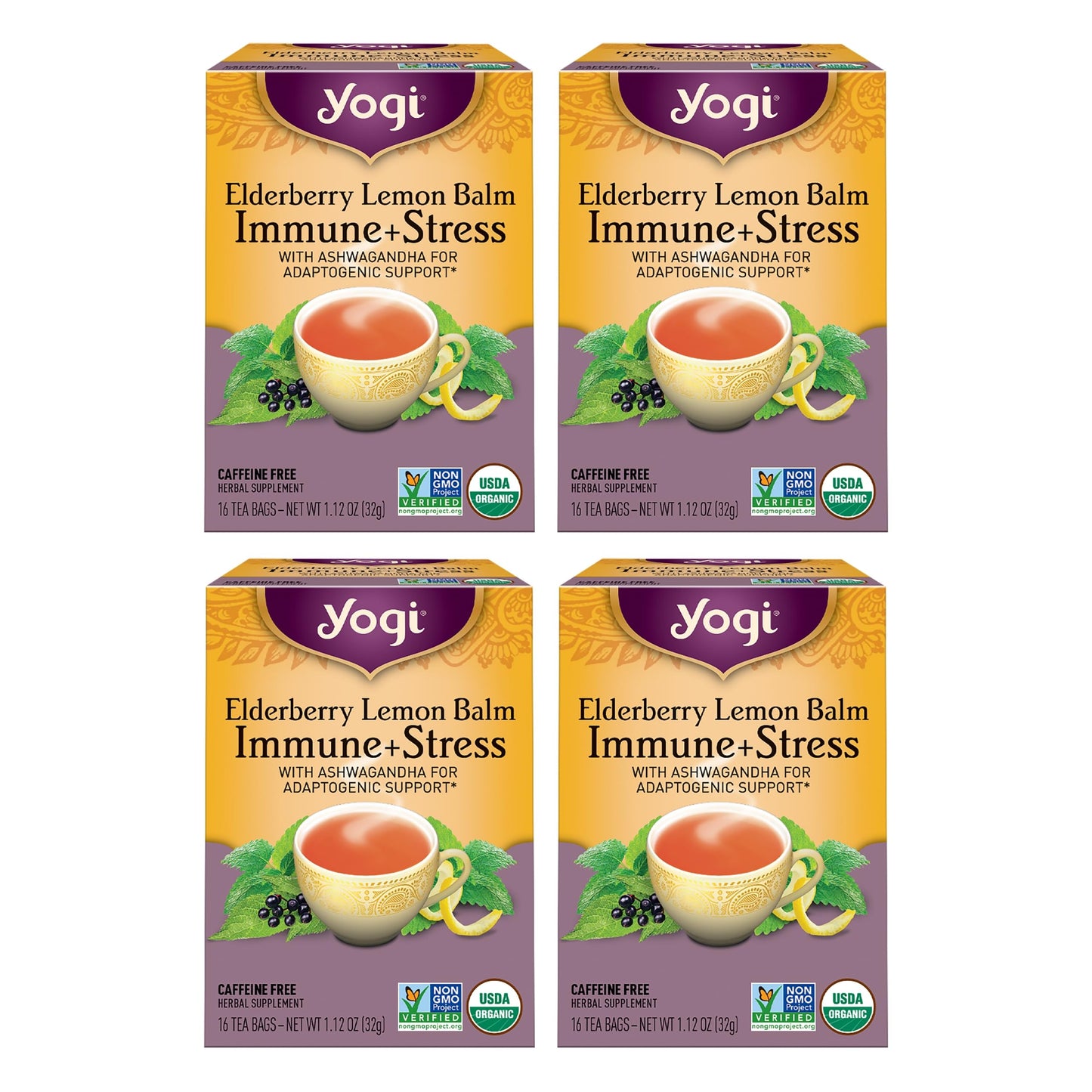 Yogi Tea Elderberry Lemon Tea - Stress & Immune Support - 16 Bags, 4 Packs