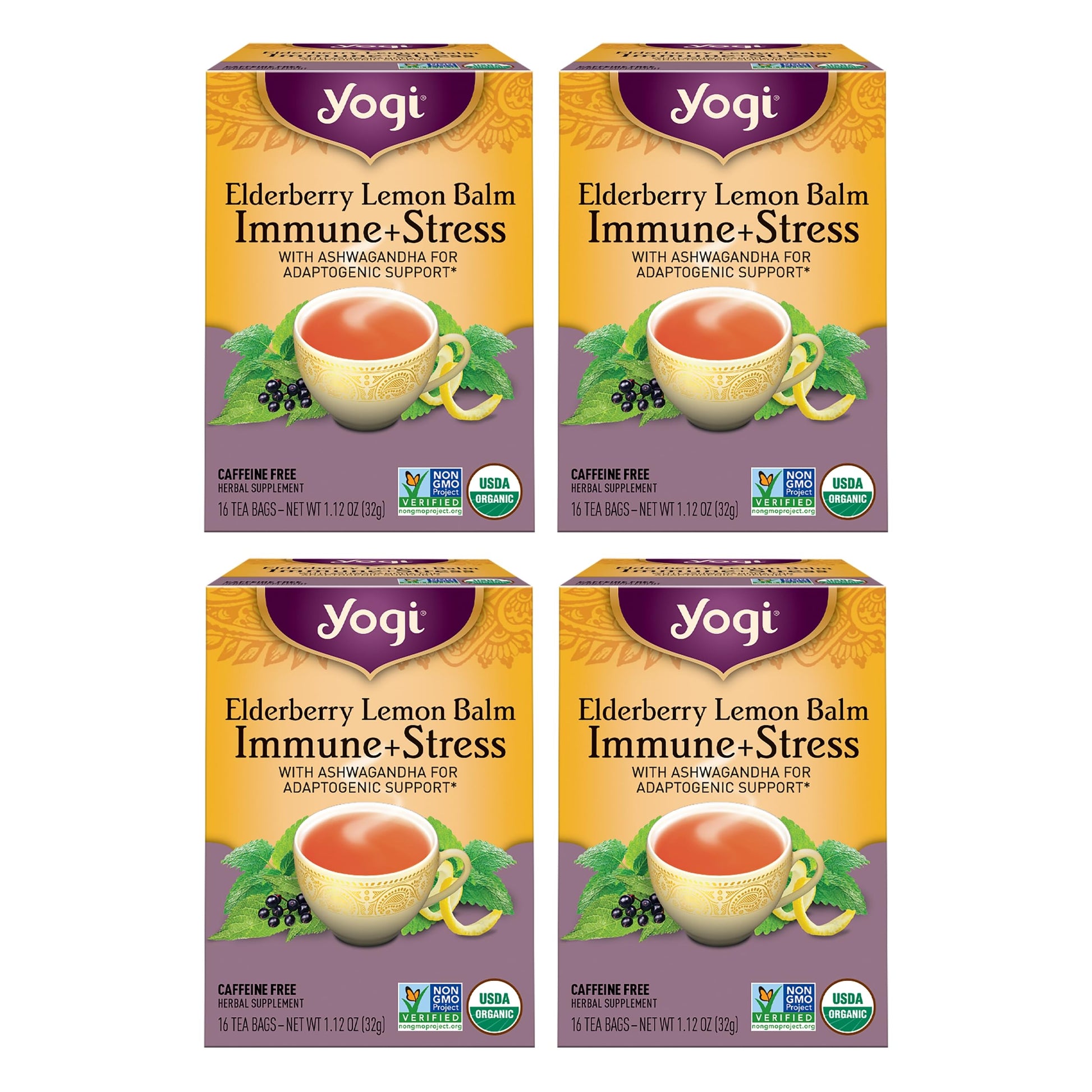 Yogi Tea Elderberry Lemon Tea - Stress & Immune Support - 16 Bags, 4 Packs