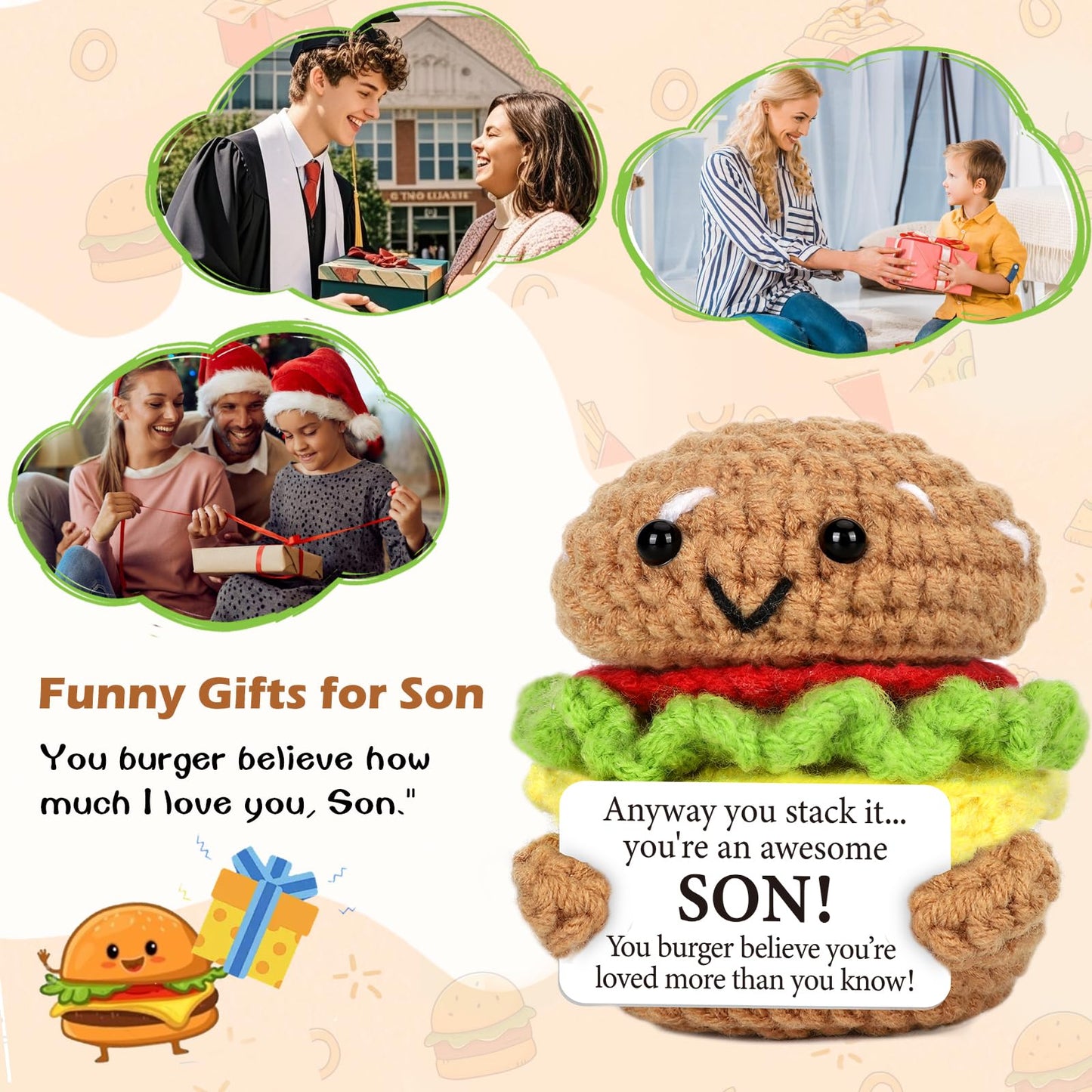 Avboda Mini Birthday Gift For Son From Dad Mom Handmade Crochet Burger For New Dad Son-In-Law Mature-Themed Sons New Father Christmas Basket Idea From Parents To Sons From Mother Father