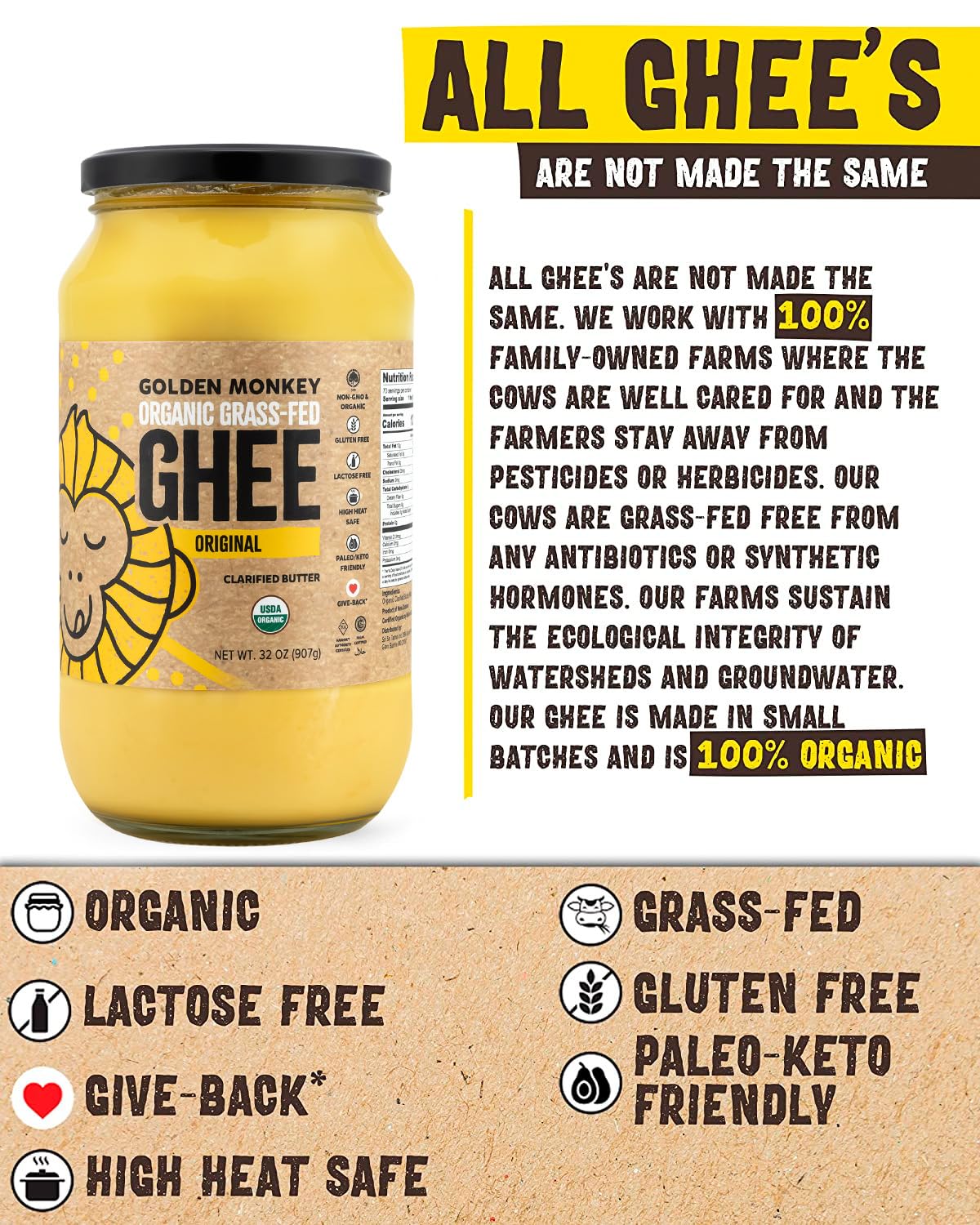 GOLDEN MONKEY Organic Ghee Butter - Grass Fed Clarified Butter for Cooking, Baking, Keto & Gut Health - Ghee Butter Organic Gras