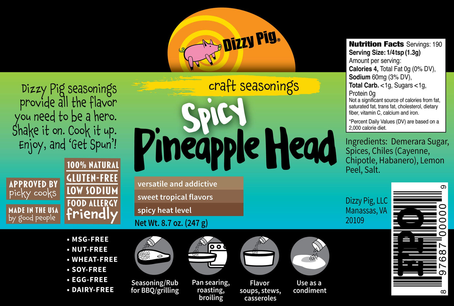 Dizzy Pig Spicy Pineapple Head Tropical Seasoning Rub, 8oz Shaker, Hand Made in the USA, MSG Free, Gluten Free