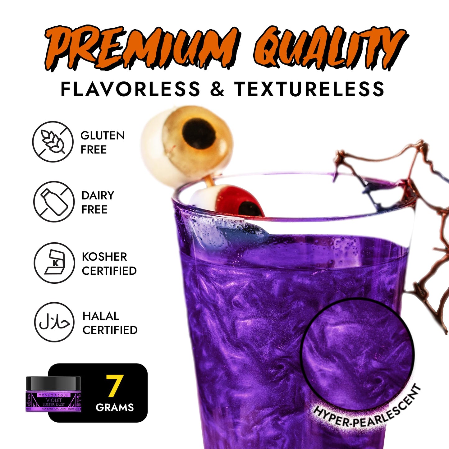 MONÉGASQUE Edible Glitter for Drinks, 7g Violet Purple Luster Dust, Vegan Cocktail & Cake Decoration