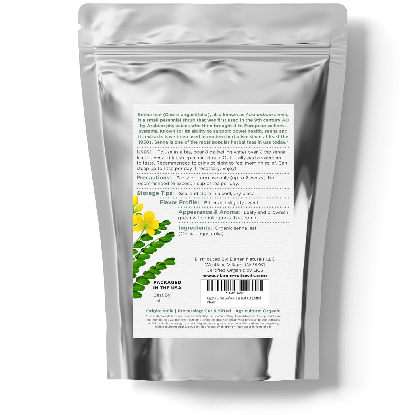 Elanen Naturals Organic Senna Leaf 4 Oz. (113G), Usda Certified Organic Senna Tea Leaves Organic, Senna Herb, Senna Alexandrina,