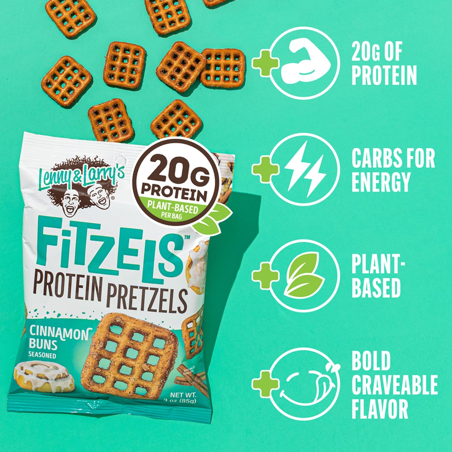 Lenny & Larrys FITZELS Protein Pretzels, Cinnamon Buns, 3 oz Each, 8 Individual Bags, 20g Plant Based Protein, Vegan Snacks
