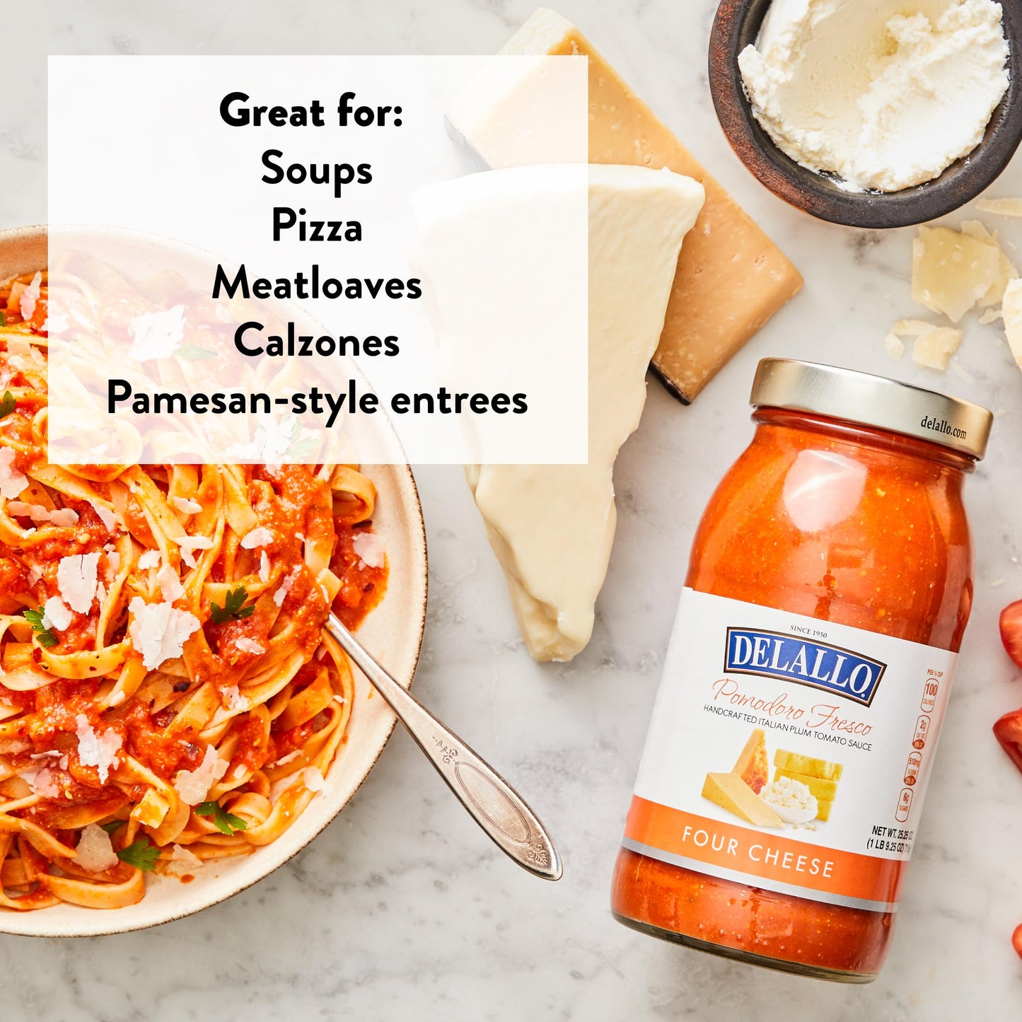 DeLallo Pomodoro Fresco Four Cheese Sauce, 25.25 oz. Jar, (2 Pack), Made in Italy, Gluten Free